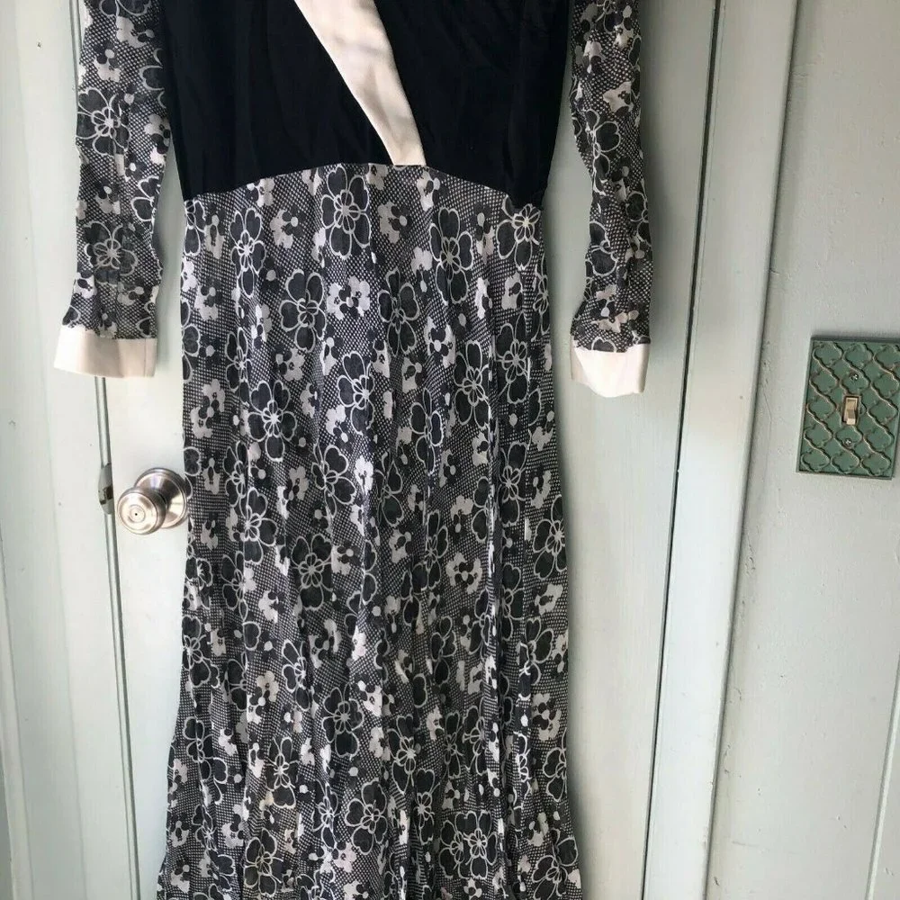 vintage maxi dress Black Floral White collar Mod sheer skirt romantic modest